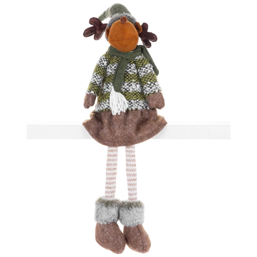 MagicHome karácsonyi szobor, Rénszarvas lány szoknyában, szövet, zöld-barna, 21 x 14 x 70 cm