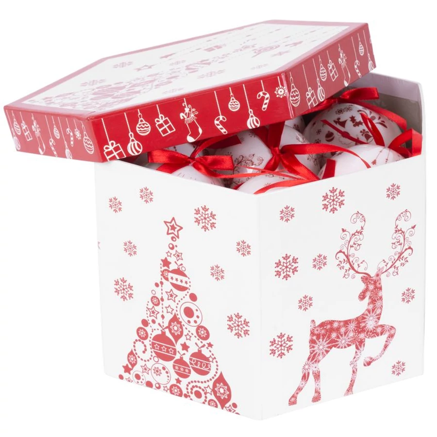 MagicHome karácsonyi gömbök, karácsonyfákkal, 14 db, 7,5 cm, piros-fehér karácsonyfára