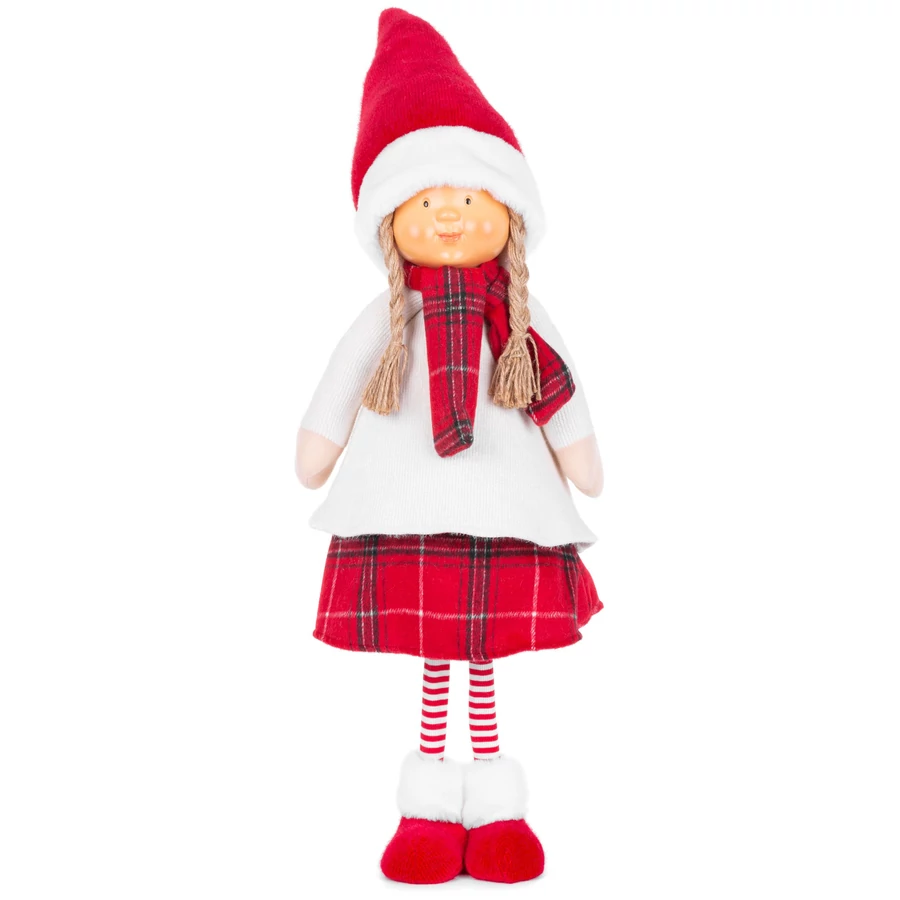 MagicHome karácsonyi szobor, Lány piros sállal, szövet, piros-fehér 31 x 18 x 90 cm