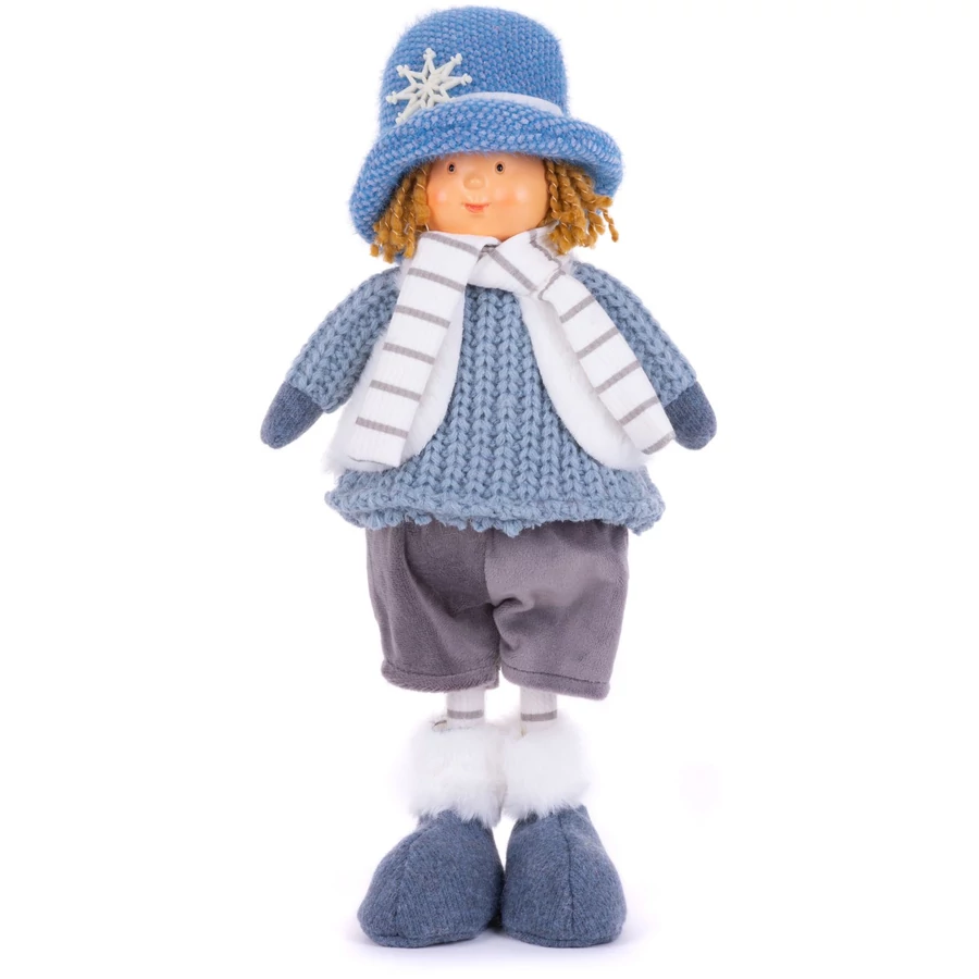 MagicHome karácsonyi szobor, Fiú kék kalappal, kék, szövet, 16 x 10 x 36 cm