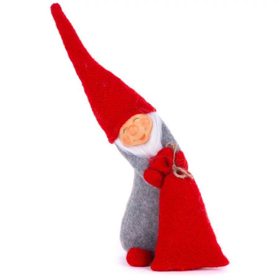 MagicHome karácsonyi szobor, Manó zsákkal, piros, szövet 13 x 10 x 43 cm