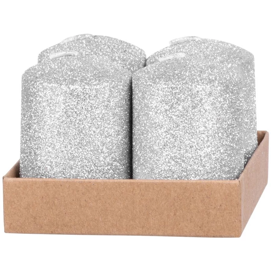 MagicHome karácsonyi gyertya, 4 x 6 cm, 4 db/csomag, ezüst, csillámokkal, adventi