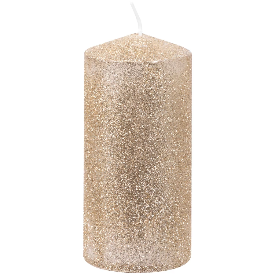MagicHome karácsonyi gyertya, 5,5 x 12 cm, pezsgőszínű, csillámokkal