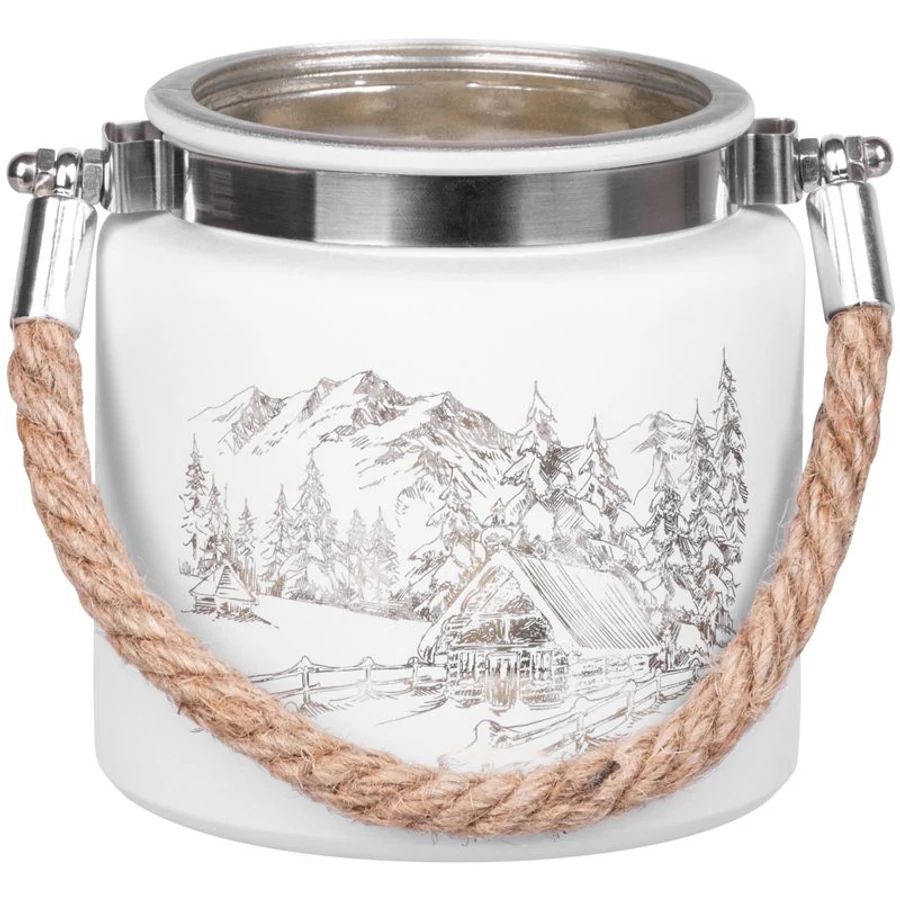 MagicHome karácsonyi gyertyatartó,10 x 10 cm, fehér, tájképpel, zsinórral