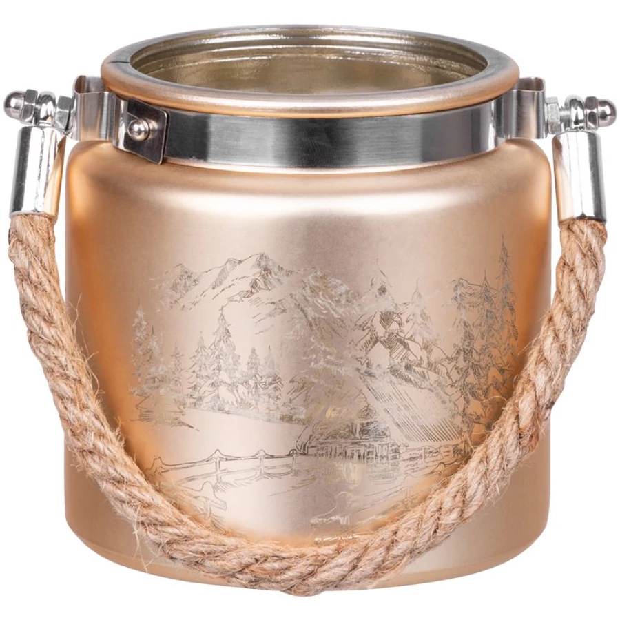 MagicHome karácsonyi gyertyatartó,10 x 10 cm, arany, tájképpel, zsinórral