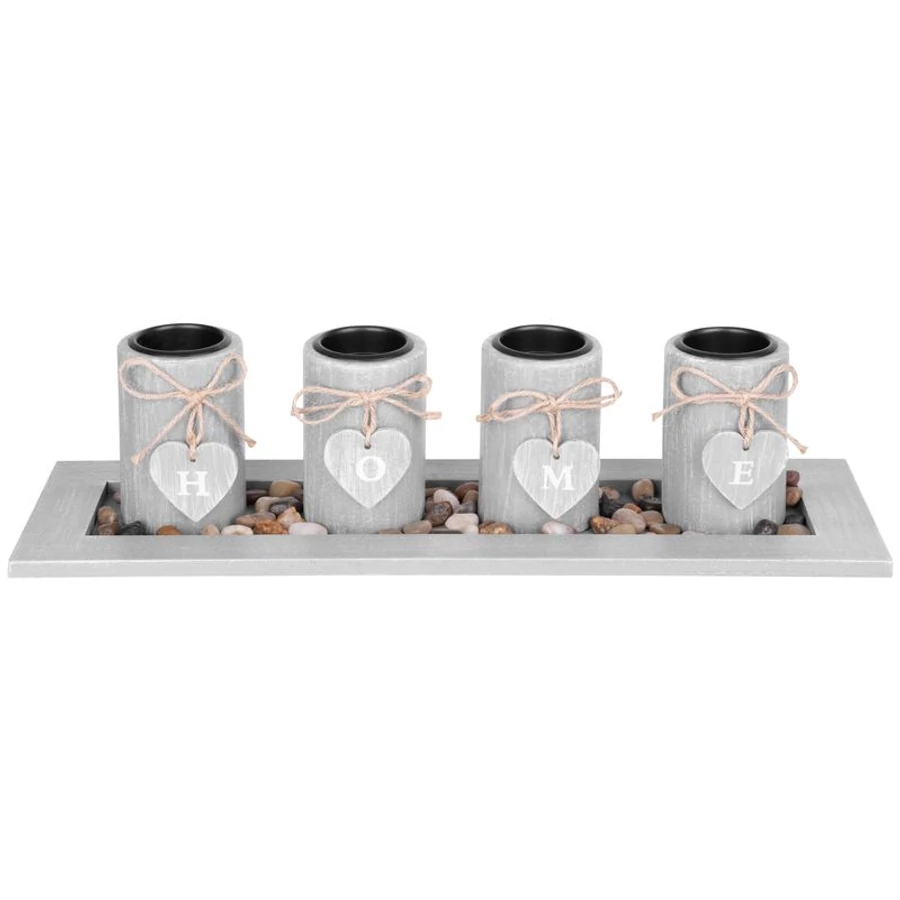 MagicHome gyertyatartó, HOME, 39 x 12,5 x 10 cm, szürke, tálcán, teagyertyákhoz