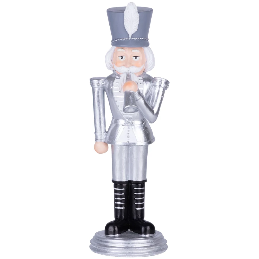 MagicHome karácsonyi dekoráció, Diótörő trombitával, ezüst, műgyanta, 20 x 20 x 30 cm