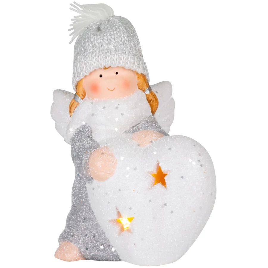 MagicHome karácsonyi szobor, Angyalka szívvel, LED, terrakotta,12 x 10 x 15 cm