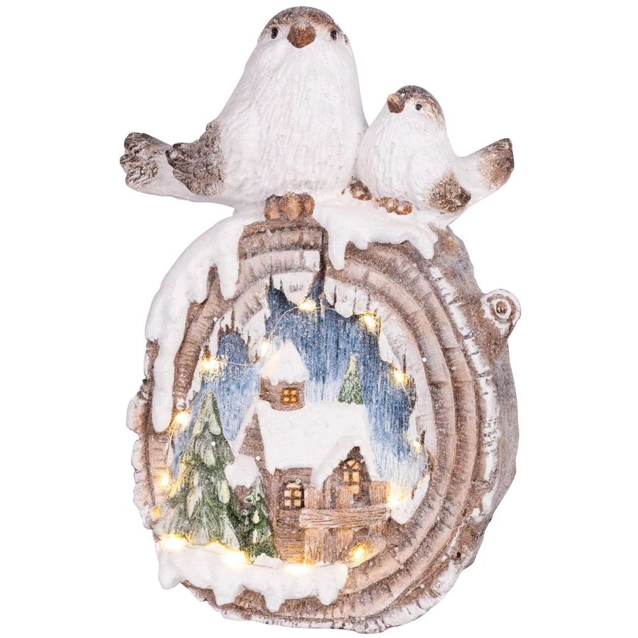 MagicHome karácsonyi dekoráció, Madarak házakkal, LED, kerámia, 3x AAA, 33,3 x 16,5 x 47 cm