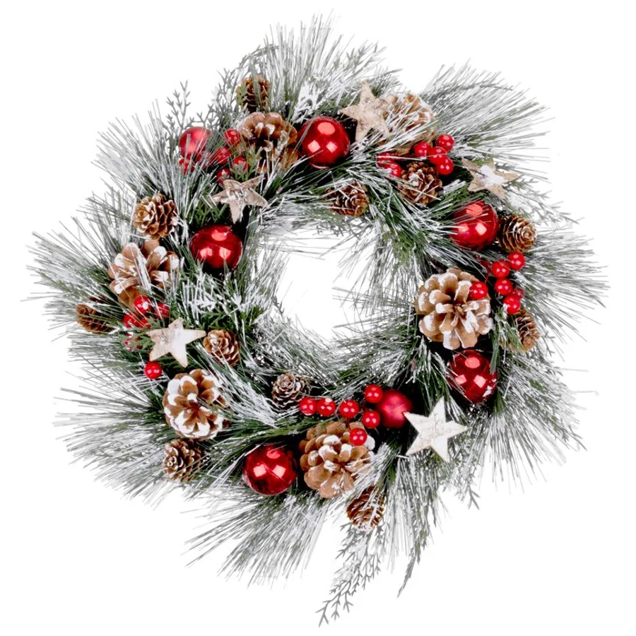 MagicHome karácsonyi koszorú, natúr, fenyőágakkal és csillagokkal, 39 cm