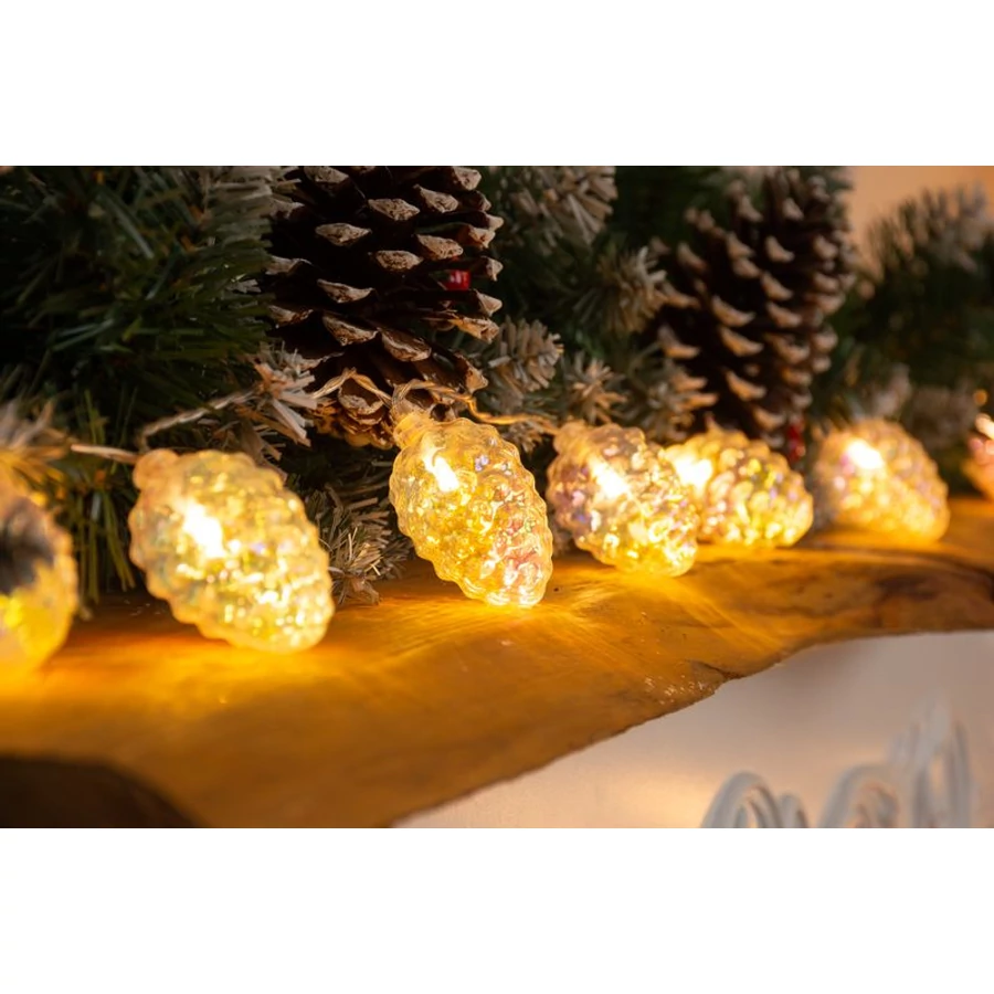 Fényfüzér MagicHome Karácsony Pine, 10 LED meleg fehér, tobozokkal, 2x AA, egyszerű világítás, megvilágít