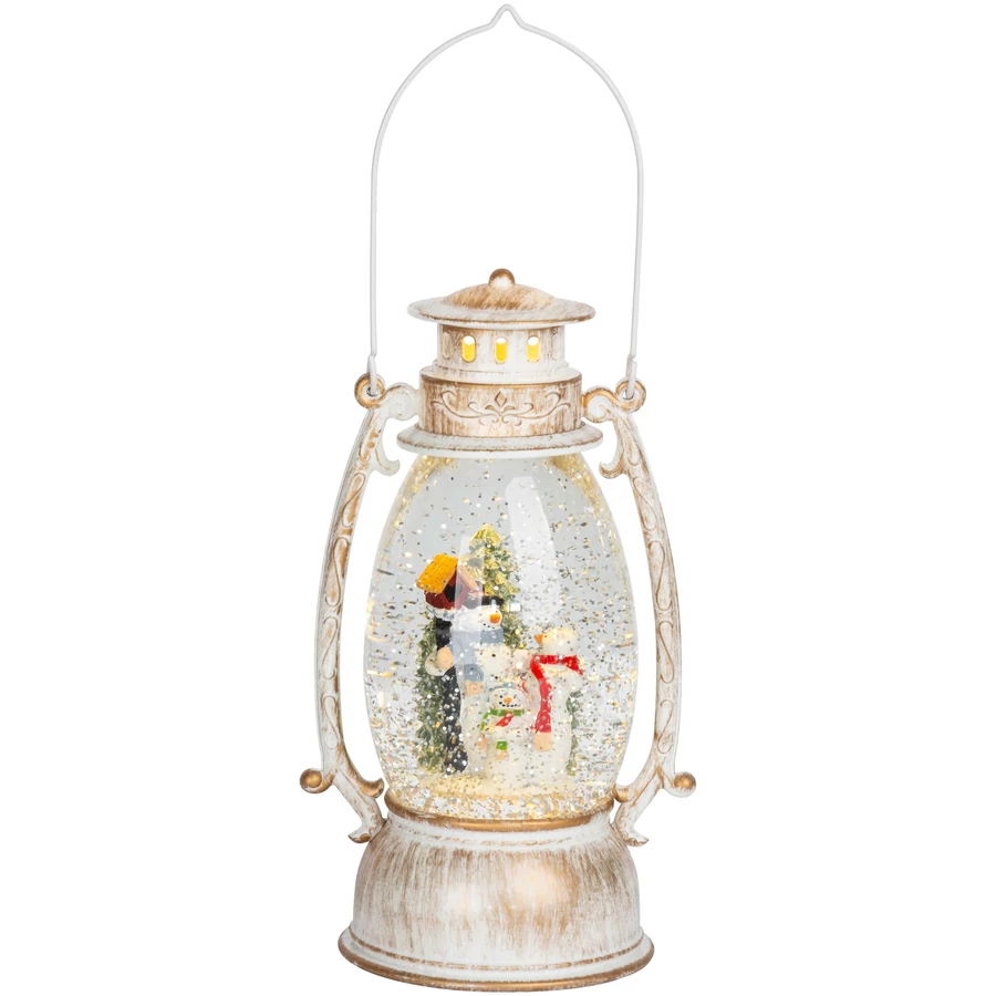 MagicHome Karácsonyi retró lámpa, LED, hóemberrel, csillámokkal, fehér, 3x AA, műanyag, 13 x 11 x 24