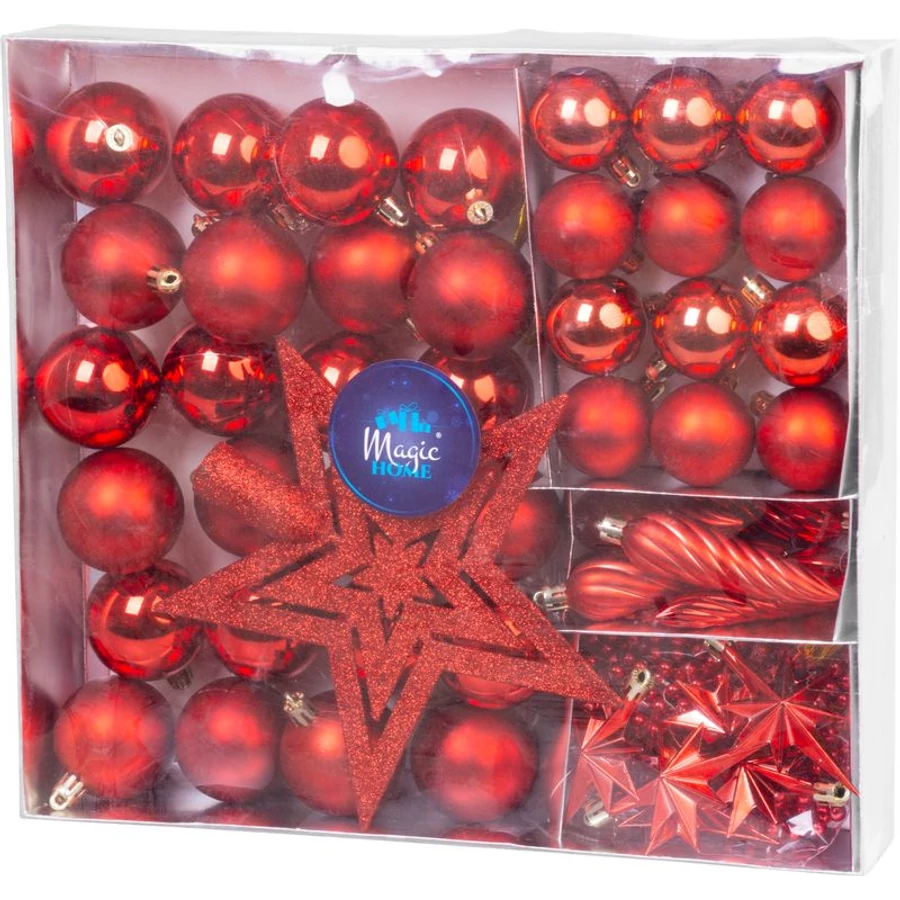 MagicHome karácsonyi gömbök, készlet, 50 db, 4-5 cm, piros, csillag, füzér, toboz, karácsonyfára