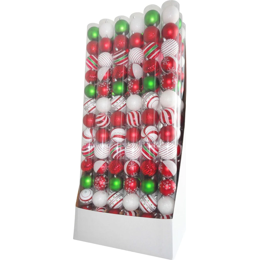 MagicHome karácsonyi gömbök, 14 db, piros-fehér, díszített, karácsonyfára, 8 cm, termékdoboz 24 tubu