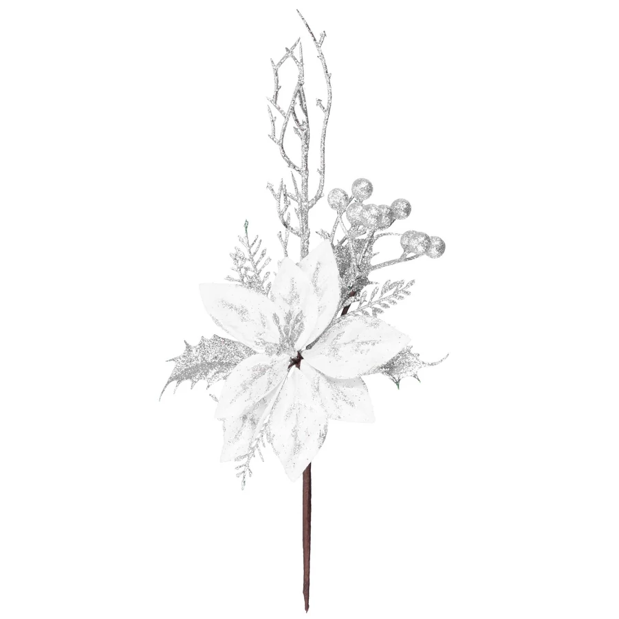 MagicHome karácsonyi ág, virággal, ezüst, 27 cm