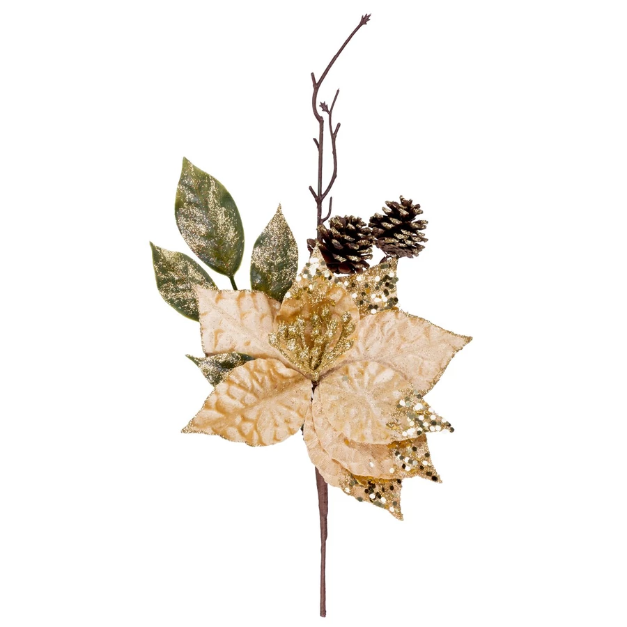 MagicHome karácsonyi ág, mikulásvirággal, arany, 34 cm