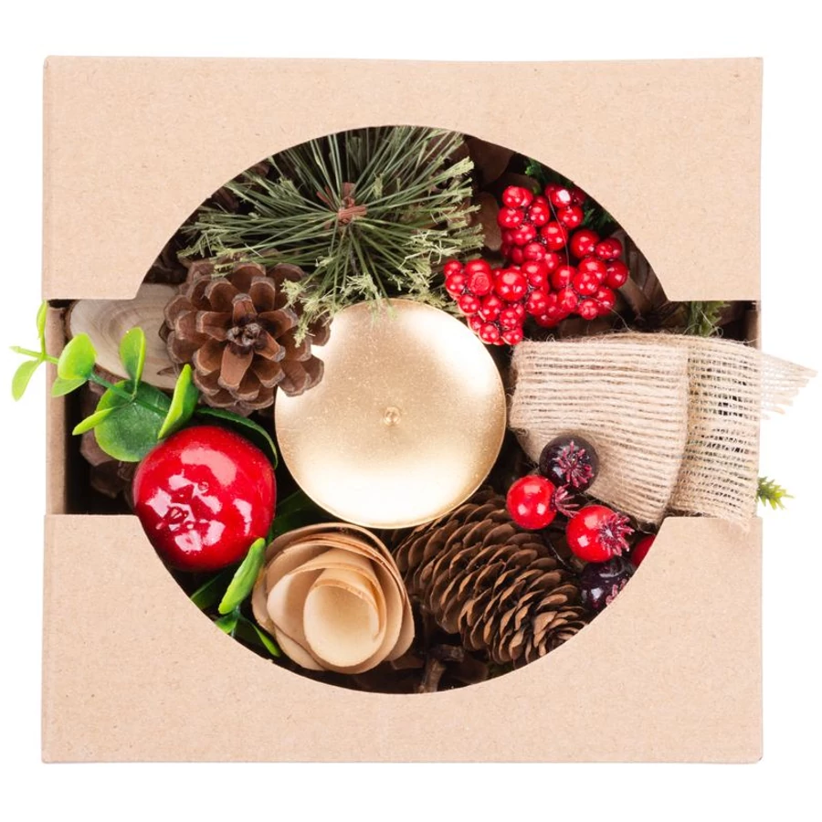 MagicHome karácsonyi gyertyatartó, fenyőágakkal és masnival, natúr, 15 cm