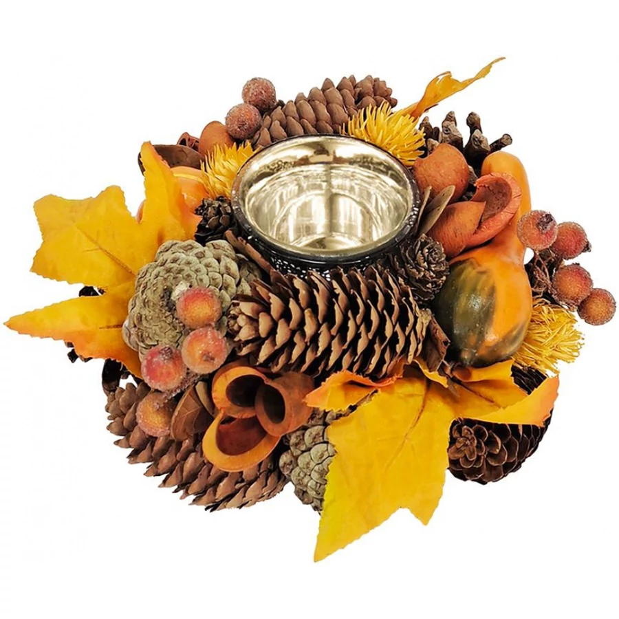 MagicHome Nature ikebana, őszi, narancssárga, levelekkel, gyertyára